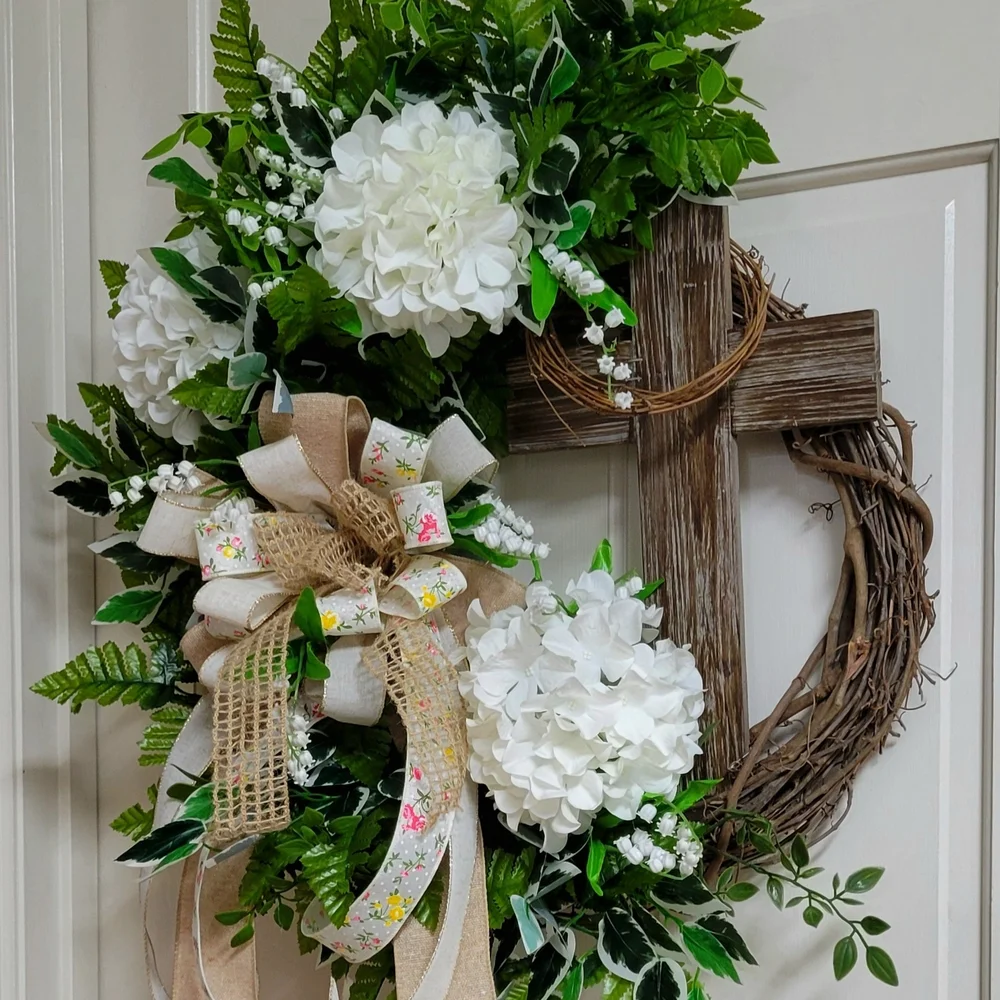 White Hydrangea and Greenery Decorative Door Wreath with Burlap Ribbon